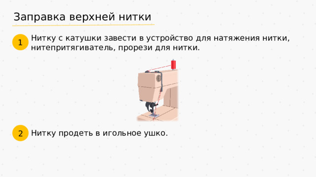 Заправка верхней нитки Нитку с катушки завести в устройство для натяжения нитки, нитепритягиватель, прорези для нитки. 1 2 Нитку продеть в игольное ушко.