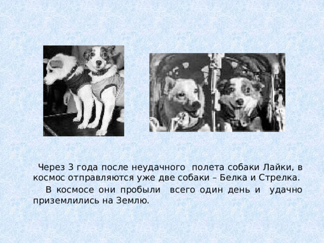 Через 3 года после неудачного полета собаки Лайки, в космос отправляются уже две собаки – Белка и Стрелка.  В космосе они пробыли всего один день и удачно приземлились на Землю.