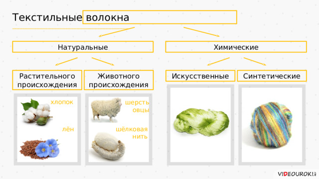 Текстильные волокна Натуральные Химические Искусственные Синтетические Животного происхождения Растительного происхождения хлопок шерсть овцы лён шёлковая нить