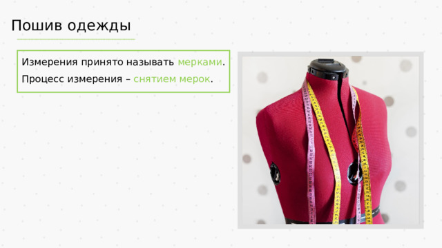 Пошив одежды Измерения принято называть мерками . Процесс измерения – снятием мерок .