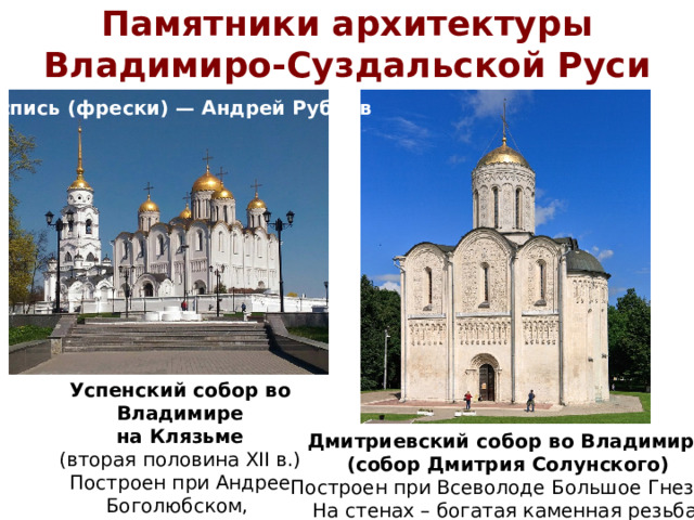 Памятники архитектуры  Владимиро-Суздальской Руси Роспись (фрески) — Андрей Рублёв Успенский собор во Владимире на Клязьме (вторая половина XII в.) Построен при Андрее Боголюбском, перестроен при Всеволоде Большое Гнездо. Дмитриевский собор во Владимире (собор Дмитрия Солунского) Построен при Всеволоде Большое Гнездо. На стенах – богатая каменная резьба.