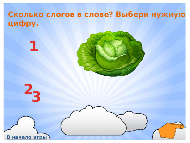 Сколько слогов в слове? Выбери нужную цифру. 1  2  3 В начало игры