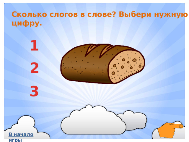 Сколько слогов в слове? Выбери нужную цифру. 1  2 3 В начало игры