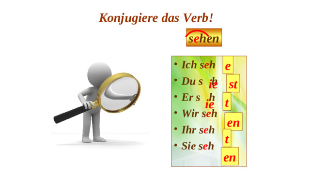 Konjugiere das Verb! s e hen e Ich s e h Du s h Er s h Wir s e h Ihr s e h Sie s e h st ie t ie en t en