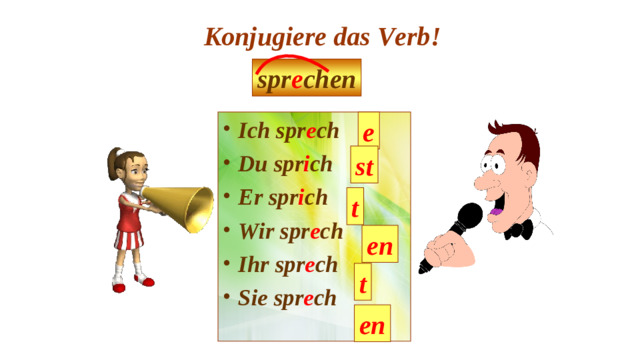 Konjugiere das Verb! spr e chen e Ich spr e ch Du spr i ch Er spr i ch Wir spr e ch Ihr spr e ch Sie spr e ch st t en t en
