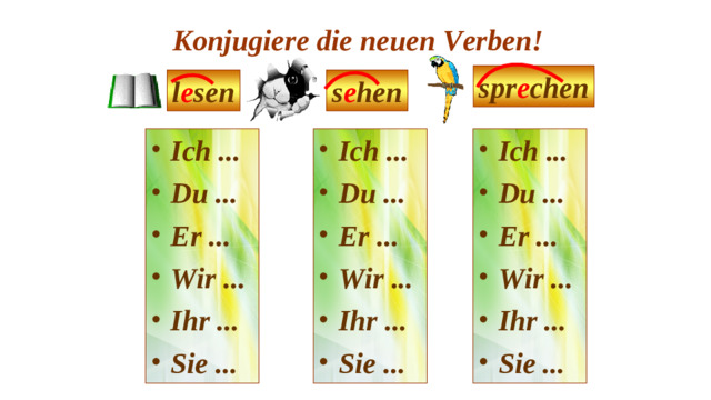 Konjugiere die neuen Verben! spr e chen l e sen s e hen