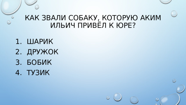 Как звали собаку, которую аким ильич привёл к юре?