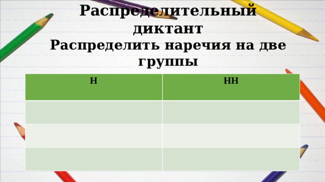 Распределительный диктант  Распределить наречия на две группы Н НН