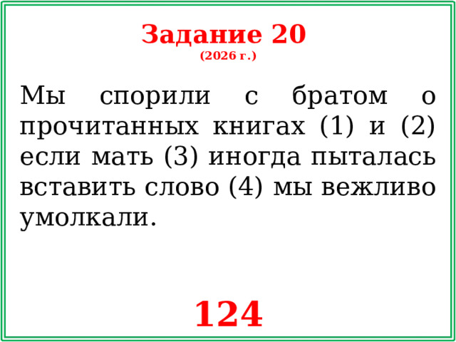 Задание 20 (2026 г.) Мы спорили с братом о прочитанных книгах (1) и (2) если мать (3) иногда пыталась вставить слово (4) мы вежливо умолкали. 124