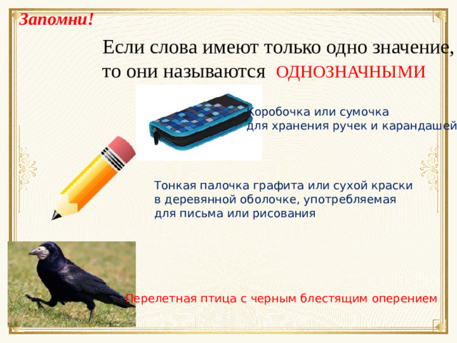 Запомни! Если слова имеют только одно значение, то они называются ОДНОЗНАЧНЫМИ  Коробочка или сумочка для хранения ручек и карандашей Тонкая палочка графита или сухой краски в деревянной оболочке, употребляемая для письма или рисования Перелетная птица с черным блестящим оперением