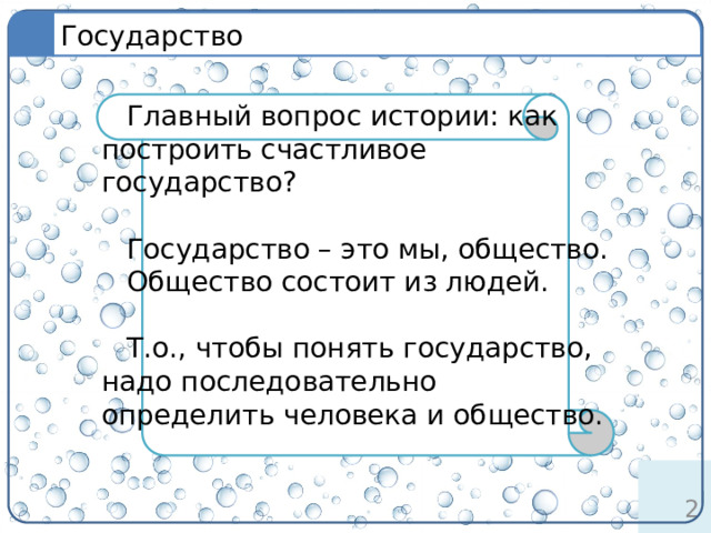 Государство определение Главный вопрос истории: как построить счастливое государство? Государство – это мы, общество. Общество состоит из людей. Т.о., чтобы понять государство, надо последовательно определить человека и общество.