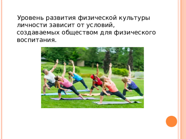 Уровень развития физической культуры личности зависит от условий, создаваемых обществом для физического воспитания.