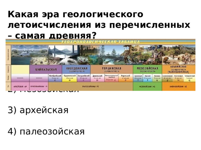 Какая эра геологического летоисчисления из перечисленных – самая древняя? кайнозойская   2) мезозойская   3) архейская   4) палеозойская