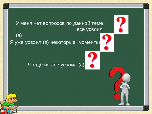 У меня нет вопросов по данной теме  всё усвоил (а) Я уже усвоил (а) некоторые моменты Я ещё не все усвоил (а)