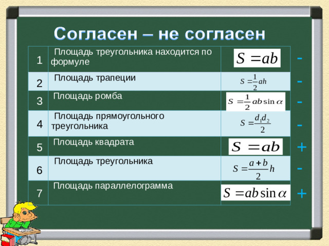 -  Площадь треугольника находится по формуле  Площадь трапеции  Площадь ромба  Площадь прямоугольного треугольника  Площадь квадрата  Площадь треугольника  Площадь параллелограмма 1 - 2 - 3 - 4 + 5 - взаимопроверка 6 + 7