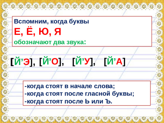 Вспомним, когда буквы  Е, Ё, Ю, Я  обозначают два звука : [ Й’ O ], [ Й’ У ], [ Й’ A ] [ Й’ Э ], -когда стоят в начале слова; -когда стоят после гласной буквы; -когда стоят после Ь или Ъ.