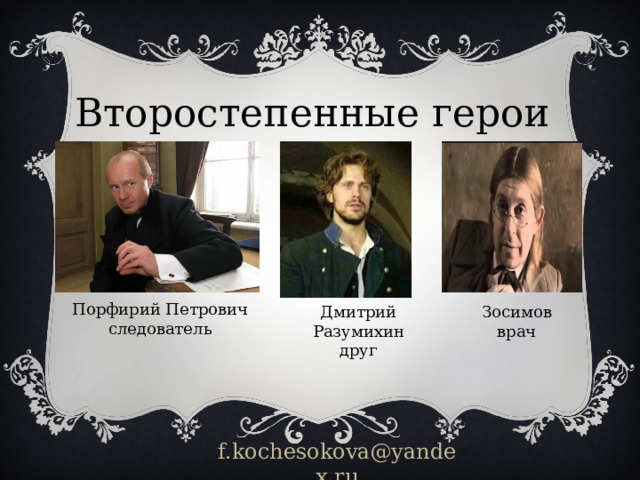 Второстепенные герои Порфирий Петрович следователь Дмитрий Разумихин Зосимов друг врач f.kochesokova@yandex.ru