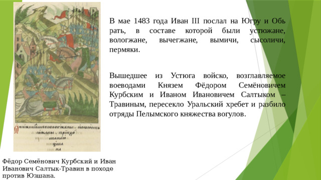 В мае 1483 года Иван III послал на Югру и Обь рать, в составе которой были устюжане, вологжане, вычегжане, вымичи, сысоличи, пермяки. Вышедшее из Устюга войско, возглавляемое воеводами Князем Фёдором Семёновичем Курбским и Иваном Ивановичем Салтыком – Травиным, пересекло Уральский хребет и разбило отряды Пелымского княжества вогулов. Фёдор Семёнович Курбский и Иван Иванович Салтык-Травин в походе против Юзшана.