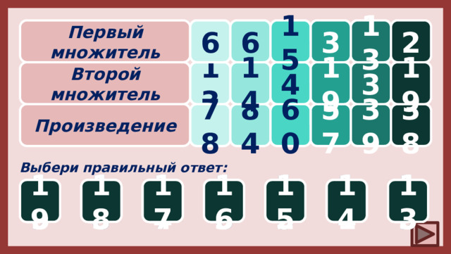 ? 13 6 3 6 2 ? ? 15 Первый множитель 14 ? 19 ? 19 3 ? 4 13 Второй множитель Произведение 84 38 57 39 60 78 Выбери правильный ответ: 14 14 15 13 17 14 12 16 11 10 19 18 16 15 18 13 13 18 15 15 6 7 4 5 8 3 2 14 17 16 19 16 13 15 17 16 19 18 13 14 19 17