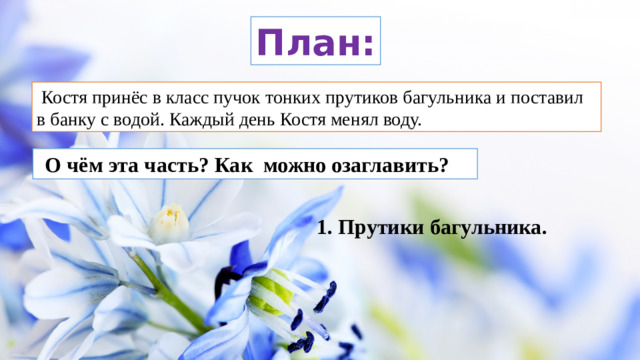 План:  Костя принёс в класс пучок тонких прутиков багульника и поставил в банку с водой. Каждый день Костя менял воду.   О чём эта часть? Как можно озаглавить? 1. Прутики багульника.