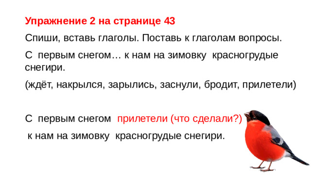 Упражнение 2 на странице 43 Спиши, вставь глаголы. Поставь к глаголам вопросы. С первым снегом… к нам на зимовку красногрудые снегири. (ждёт, накрылся, зарылись, заснули, бродит, прилетели) С первым снегом прилетели (что сделали?)  к нам на зимовку красногрудые снегири.
