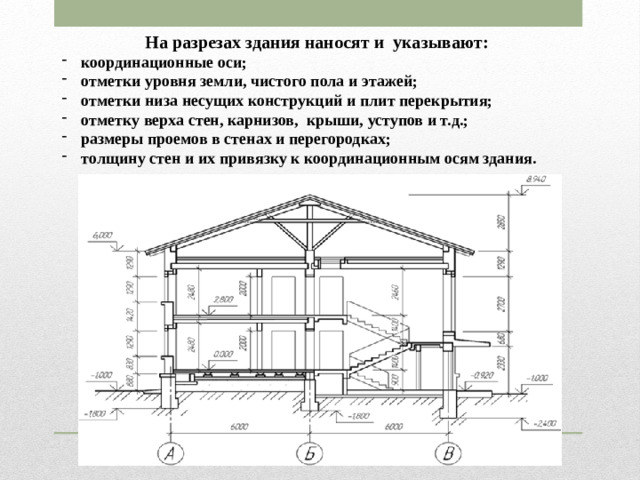 На разрезах здания наносят и указывают: координационные оси; отметки уровня земли, чистого пола и этажей; отметки низа несущих конструкций и плит перекрытия; отметку верха стен, карнизов, крыши, уступов и т.д.; размеры проемов в стенах и перегородках; толщину стен и их привязку к координационным осям здания.