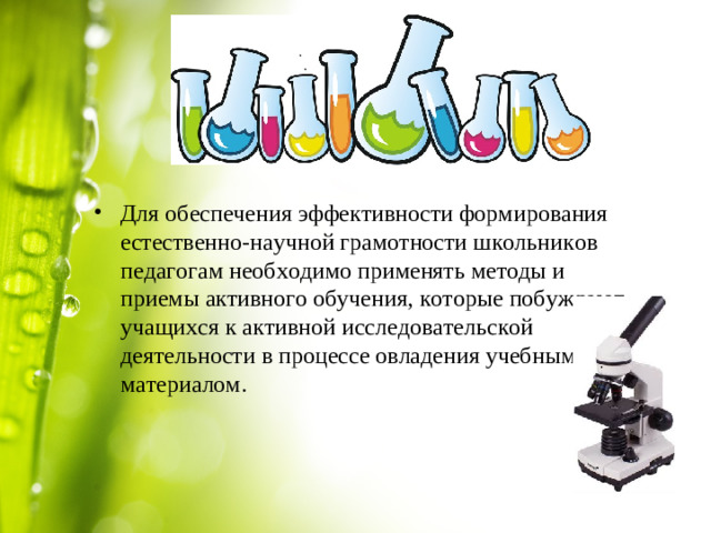 Для обеспечения эффективности формирования естественно-научной грамотности школьников педагогам необходимо применять методы и приемы активного обучения, которые побуждают учащихся к активной исследовательской деятельности в процессе овладения учебным материалом.