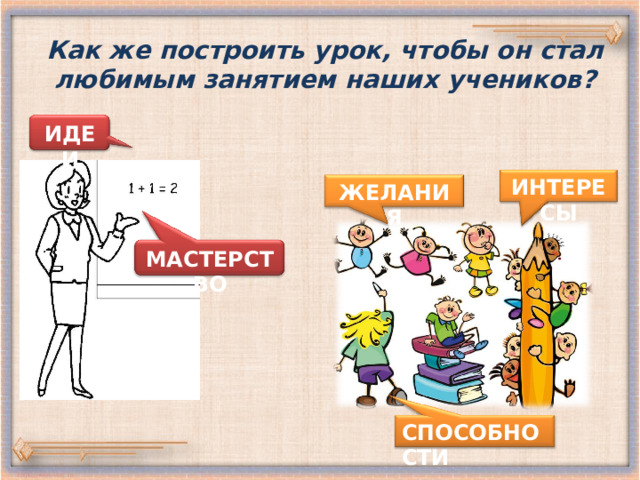 Как же построить урок, чтобы он стал любимым занятием наших учеников? ИДЕИ ИНТЕРЕСЫ ЖЕЛАНИЯ МАСТЕРСТВО СПОСОБНОСТИ