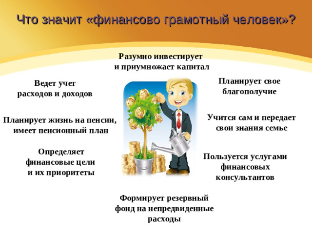 Что значит «финансово грамотный человек»? Разумно инвестирует  и приумножает капитал Планирует свое благополучие Ведет учет расходов и доходов Учится сам и передает свои знания семье Планирует жизнь на пенсии, имеет пенсионный план Определяет финансовые цели и их приоритеты ФГ – способность использовать продукты, услуги и законы финансовых систем себе во благо. Пользуется услугами финансовых консультантов Формирует резервный фонд на непредвиденные расходы