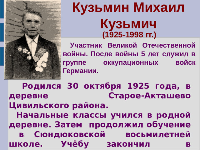 Кузьмин Михаил Кузьмич (1925-1998 гг.) Участник Великой Отечественной войны. После войны 5 лет служил в группе оккупационных войск Германии.  Родился 30 октября 1925 года, в деревне Старое-Акташево Цивильского района. Начальные классы учился в родной деревне. Затем продолжил обучение в Сюндюковской восьмилетней школе. Учёбу закончил в Бичуринской среденй школе Марпосадского района.
