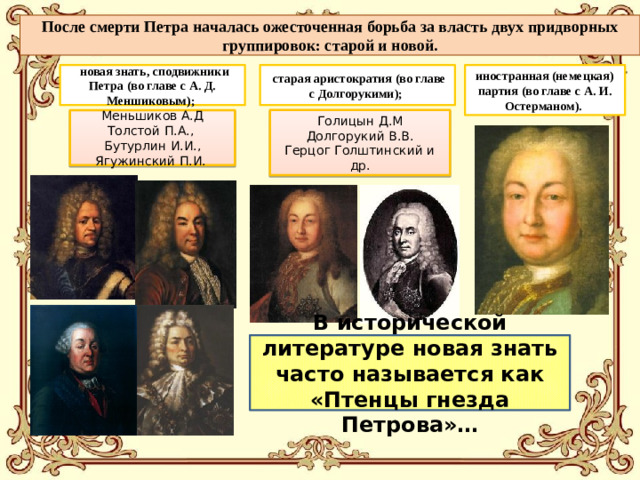 После смерти Петра началась ожесточенная борьба за власть двух придворных группировок: старой и новой.  старая аристократия (во главе с Долгорукими); иностранная (немецкая) партия (во главе с А. И. Остерманом).  новая знать, сподвижники Петра (во главе с А. Д. Меншиковым); Голицын Д.М Меньшиков А.Д Толстой П.А., Долгорукий В.В. Герцог Голштинский и др. Бутурлин И.И., Ягужинский П.И. В исторической литературе новая знать часто называется как «Птенцы гнезда Петрова»…