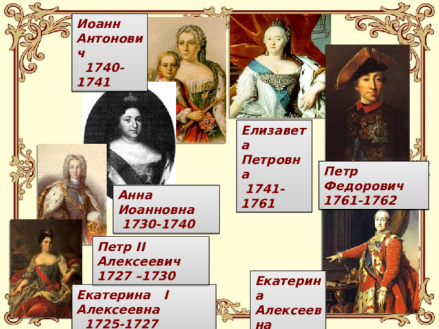 Иоанн Антонович  1740-1741 Елизавета Петровна  1741-1761 Петр Федорович  1761-1762 Анна Иоанновна  1730-1740 Петр II Алексеевич 1727 –1730 Екатерина Алексеевна  1762-1796 Екатерина I Алексеевна  1725-1727
