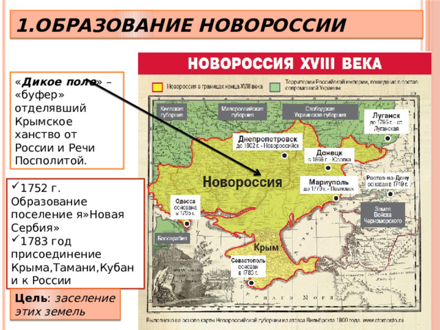 1.Образование Новороссии « Дикое поле » – «буфер» отделявший Крымское ханство от России и Речи Посполитой. 1752 г. Образование поселение я»Новая Сербия» 1783 год присоединение Крыма,Тамани,Кубани к России Цель : заселение этих земель