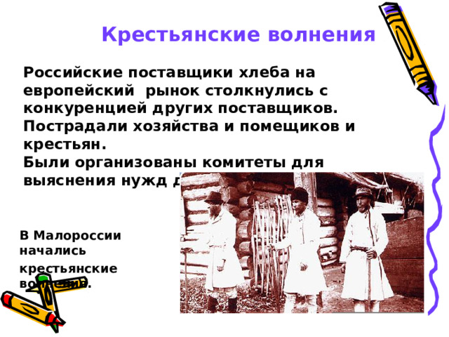 Крестьянские волнения Российские поставщики хлеба на европейский рынок столкнулись с конкуренцией других поставщиков. Пострадали хозяйства и помещиков и крестьян. Были организованы комитеты для выяснения нужд деревни. В Малороссии начались крестьянские волнения.