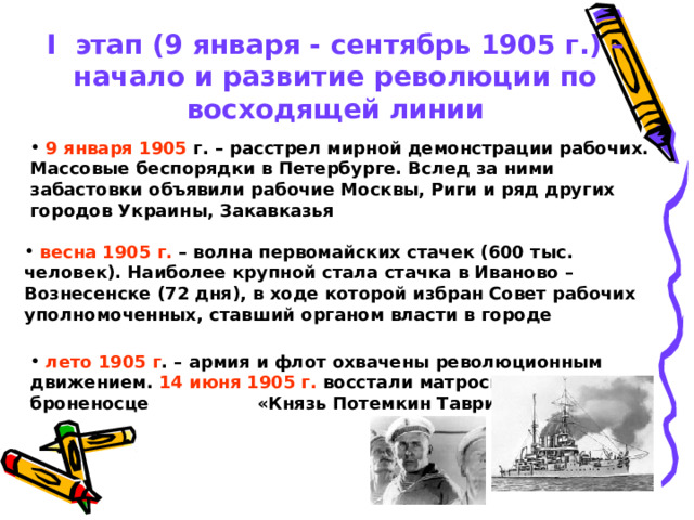 I этап (9 января - сентябрь 1905 г.) – начало и развитие революции по восходящей линии