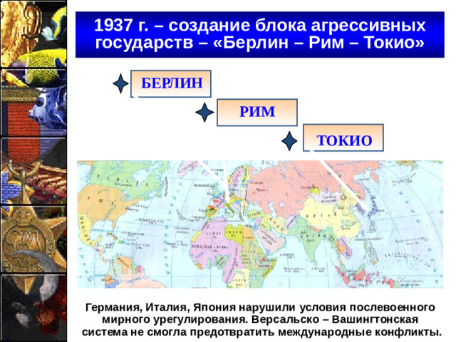 1937 г. – создание блока агрессивных государств – «Берлин – Рим – Токио» БЕРЛИН РИМ ТОКИО Германия, Италия, Япония нарушили условия послевоенного мирного урегулирования. Версальско – Вашингтонская система не смогла предотвратить международные конфликты.