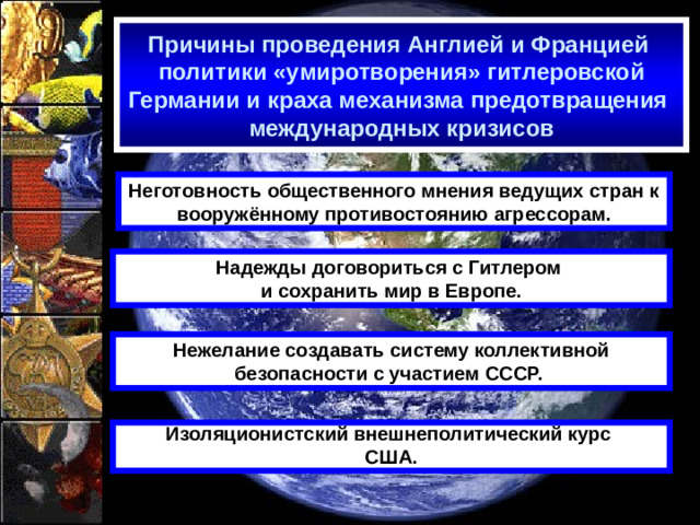 Причины проведения Англией и Францией  политики «умиротворения» гитлеровской Германии и краха механизма предотвращения  международных кризисов    Неготовность общественного мнения ведущих стран к вооружённому противостоянию агрессорам. Надежды договориться с Гитлером и сохранить мир в Европе. Нежелание создавать систему коллективной безопасности с участием СССР. Изоляционистский внешнеполитический курс США.