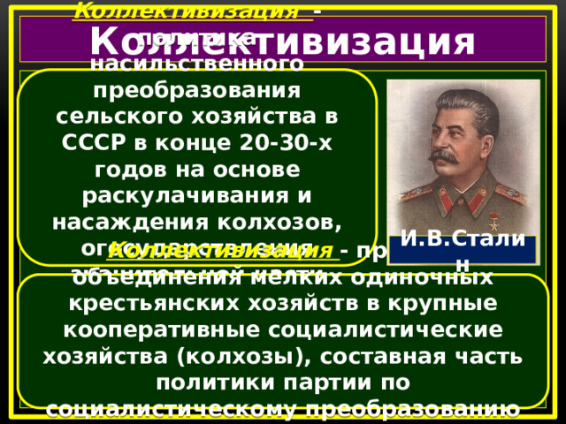 Коллективизация Коллективизация - политика насильственного преобразования сельского хозяйства в СССР в конце 20-30-х годов на основе раскулачивания и насаждения колхозов, огосударствления значительной части крестьянской собственности.  И.В.Сталин Коллективизация - процесс объединения мелких одиночных крестьянских хозяйств в крупные кооперативные социалистические хозяйства (колхозы), составная часть политики партии по социалистическому преобразованию общества.