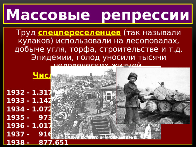 Массовые репрессии Труд  спецпереселенцев  (так называли кулаков) использовали на лесоповалах, добыче угля, торфа, строительстве и т.д. Эпидемии, голод уносили тысячи человеческих жизней.  Численность спецпереселенцев (тыс.чел. )