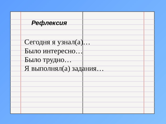 Рефлексия Сегодня я узнал(а)… Было интересно… Было трудно… Я выполнял(а) задания…
