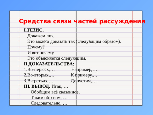 Средства связи частей рассуждения I.ТЕЗИС.  Докажем это.  Это можно доказать так (следующим образом).  Почему?  И вот почему.  Это объясняется следующим. II.ДОКАЗАТЕЛЬСТВА: 1.Во-первых,… Например,… 2.Во-вторых,… К примеру,… 3.В-третьих,… Допустим,… III. ВЫВОД. Итак, …  Обобщим всё сказанное.  Таким образом, …  Следовательно, …