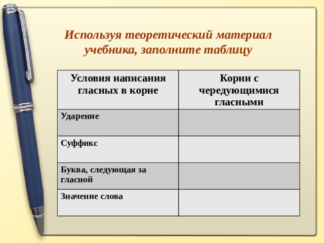 Используя теоретический материал учебника, заполните таблицу Условия написания гласных в корне Корни с чередующимися гласными Ударение Суффикс Буква, следующая за гласной Значение слова