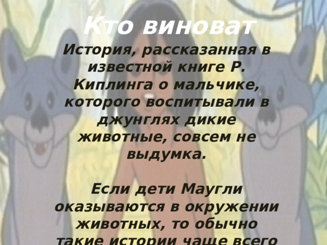 Кто виноват История, рассказанная в известной книге Р. Киплинга о мальчике, которого воспитывали в джунглях дикие животные, совсем не выдумка.  Если дети Маугли оказываются в окружении животных, то обычно такие истории чаще всего лежат на совести взрослых.