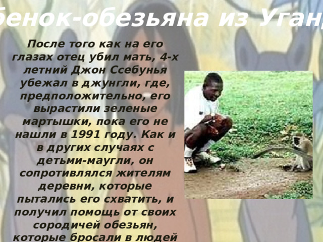 Ребенок-обезьяна из Уганды После того как на его глазах отец убил мать, 4-х летний Джон Ссебунья убежал в джунгли, где, предположительно, его вырастили зеленые мартышки, пока его не нашли в 1991 году. Как и в других случаях с детьми-маугли, он сопротивлялся жителям деревни, которые пытались его схватить, и получил помощь от своих сородичей обезьян, которые бросали в людей палки. После того, как его поймали, Джона научили разговаривать и петь.