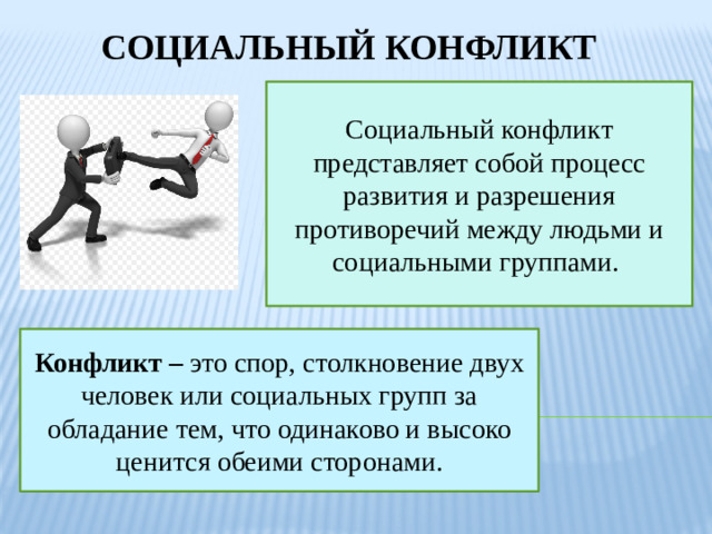 Социальный конфликт Социальный конфликт представляет собой процесс развития и разрешения противоречий между людьми и социальными группами. Конфликт – это спор, столкновение двух человек или социальных групп за обладание тем, что одинаково и высоко ценится обеими сторонами.