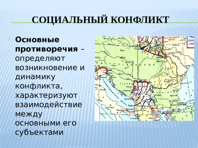 Социальный конфликт Основные противоречия – определяют возникновение и динамику конфликта, характеризуют взаимодействие между основными его субъектами