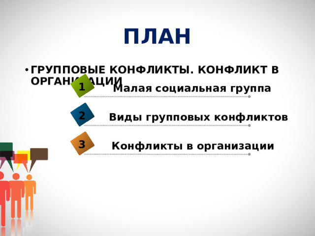 ПЛАН ГРУППОВЫЕ КОНФЛИКТЫ. КОНФЛИКТ В ОРГАНИЗАЦИИ 1 Малая социальная группа 2 Виды групповых конфликтов 3 Конфликты в организации