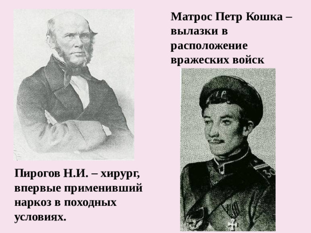 Матрос Петр Кошка – вылазки в расположение вражеских войск Пирогов Н.И. – хирург, впервые применивший наркоз в походных условиях.