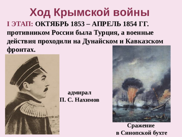 Ход Крымской войны  I ЭТАП: ОКТЯБРЬ 1853 – АПРЕЛЬ 1854 ГГ. противником России была Турция, а военные действия проходили на Дунайском и Кавказском фронтах. адмирал П. С. Нахимов Сражение в Синопской бухте