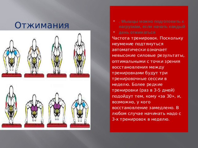 Отжимания   . Мышцы можно подготовить к нагрузкам, если начать каждый день отжиматься Частота тренировок. Поскольку неумение подтянуться автоматически означает невысокие силовые результаты, оптимальными с точки зрения восстановления между тренировками будут три тренировочные сессии в неделю. Более редкие тренировки (раз в 3-5 дней) подойдут тем, кому «за 30», и, возможно, у кого восстановление замедлено. В любом случае начинать надо с 3-х тренировок в неделю.